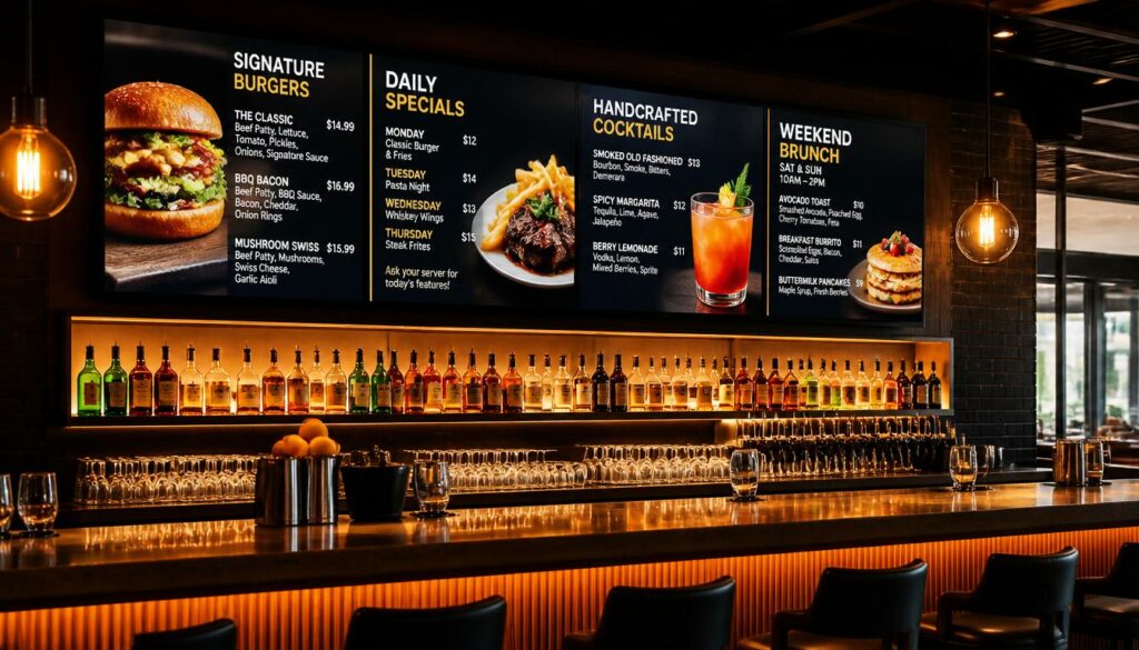 Pourquoi l’affichage dynamique est devenu indispensable en 2026 gpt image 2 a high end interior shot of a trendy restaurant and bar. behind the counter beau 0